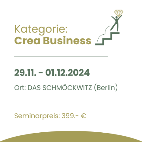 Seminarevent Das Schmöckwitz Berlin mit Symbol für Crea Relax im Yogasitz mit Krönchen alles in Gold und grün datum 29.11. bis 01.12.2024