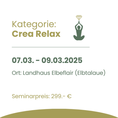 Seminarevent Landhaus Elbeflair Brandenburg Symbol für Crea Relax im Yogasitz mit Krönchen alles in Gold und grün datum 07.03. bis 9.3.2025