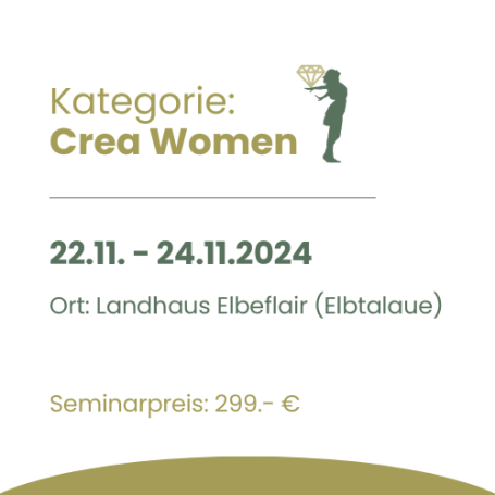 Seminarevent Landhaus Elbeflair Brandenburg Symbol für Crea Relax im Yogasitz mit Krönchen alles in Gold und grün datum 22.11. bis 24.11.